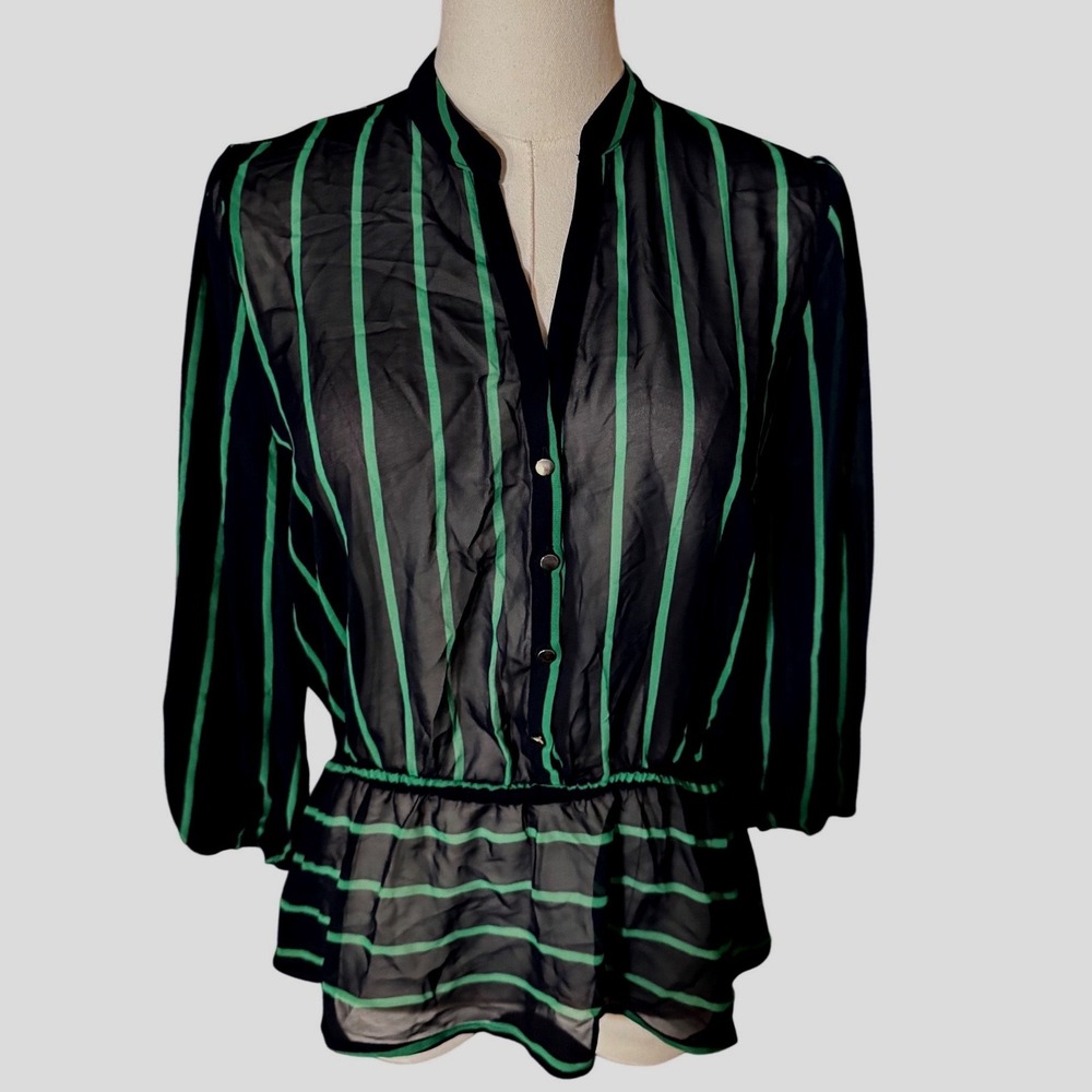 7th Avenue New York & Company Striped Sheer Peplum Blouse Navy Green Small NEW